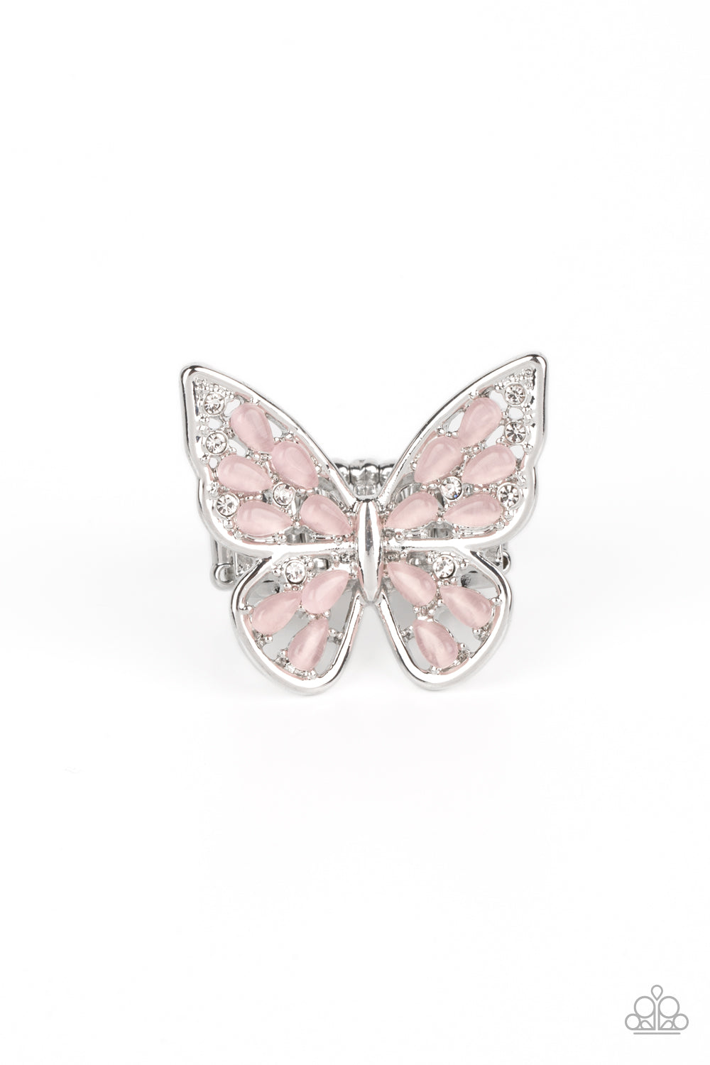 Flying Fashionista - Pink Opalescent Beaded Butterfly Paparazzi Ring