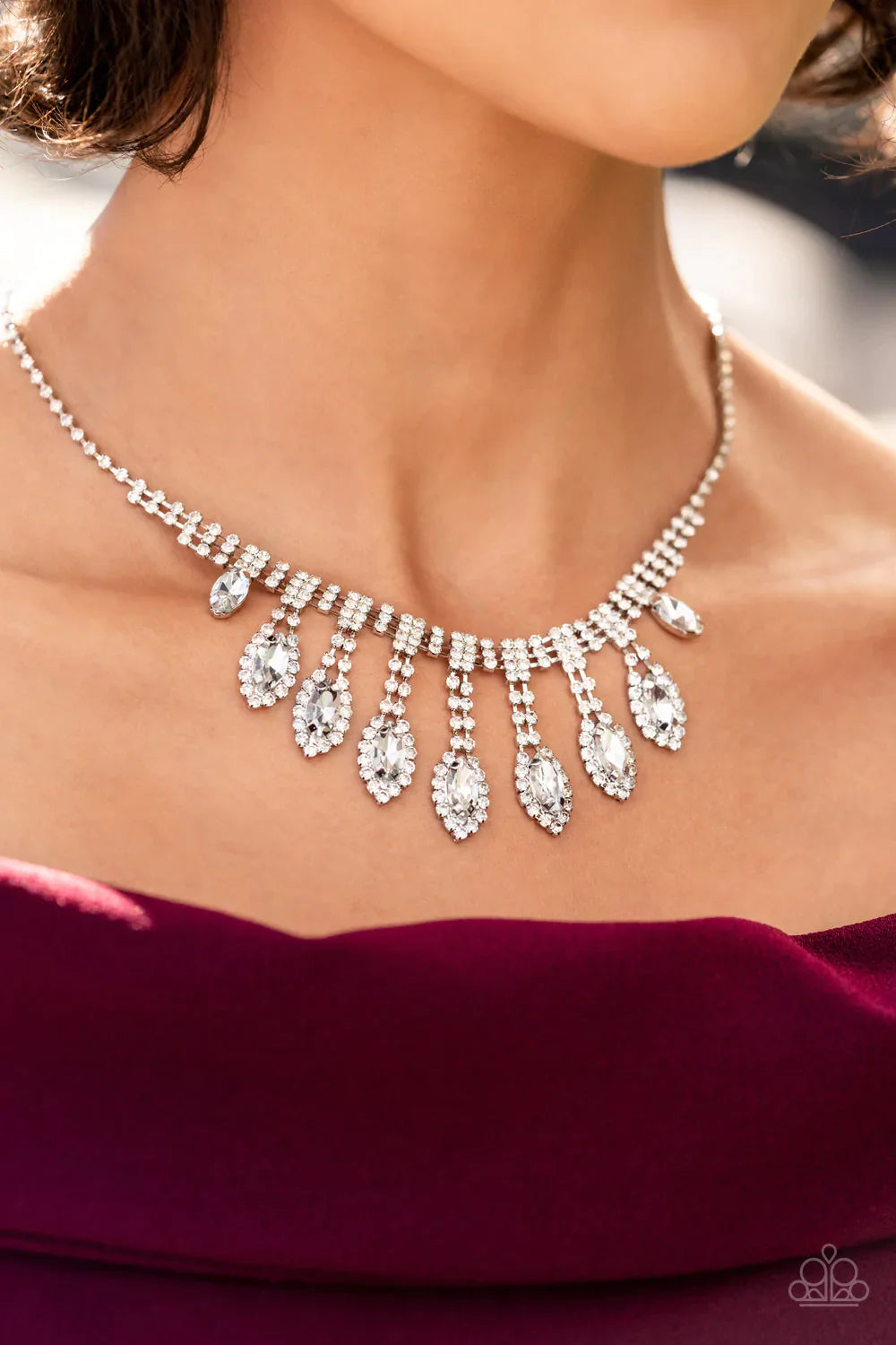 REIGNING Romance - White Rhinestone Paparazzi Necklace & matching earrings