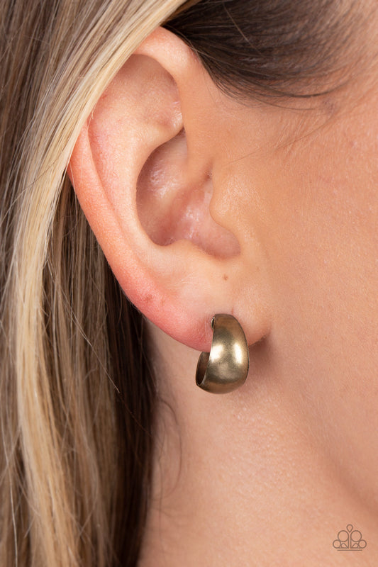 Burnished Beauty - Brass Thick Bar Dainty Paparazzi Hoop Earrings