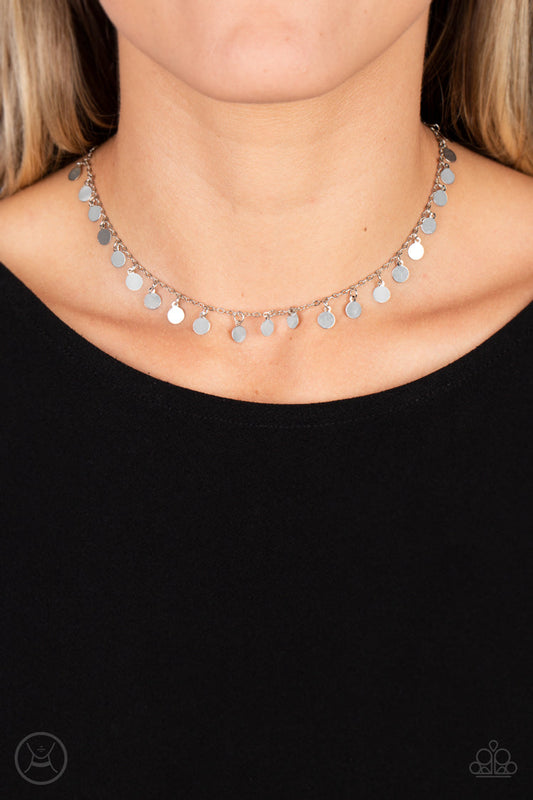 Champagne Catwalk - Silver Tiny Discs & Silver Chain Paparazzi Choker Necklace & matching earrings