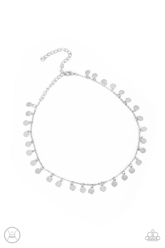 Champagne Catwalk - Silver Tiny Discs & Silver Chain Paparazzi Choker Necklace & matching earrings