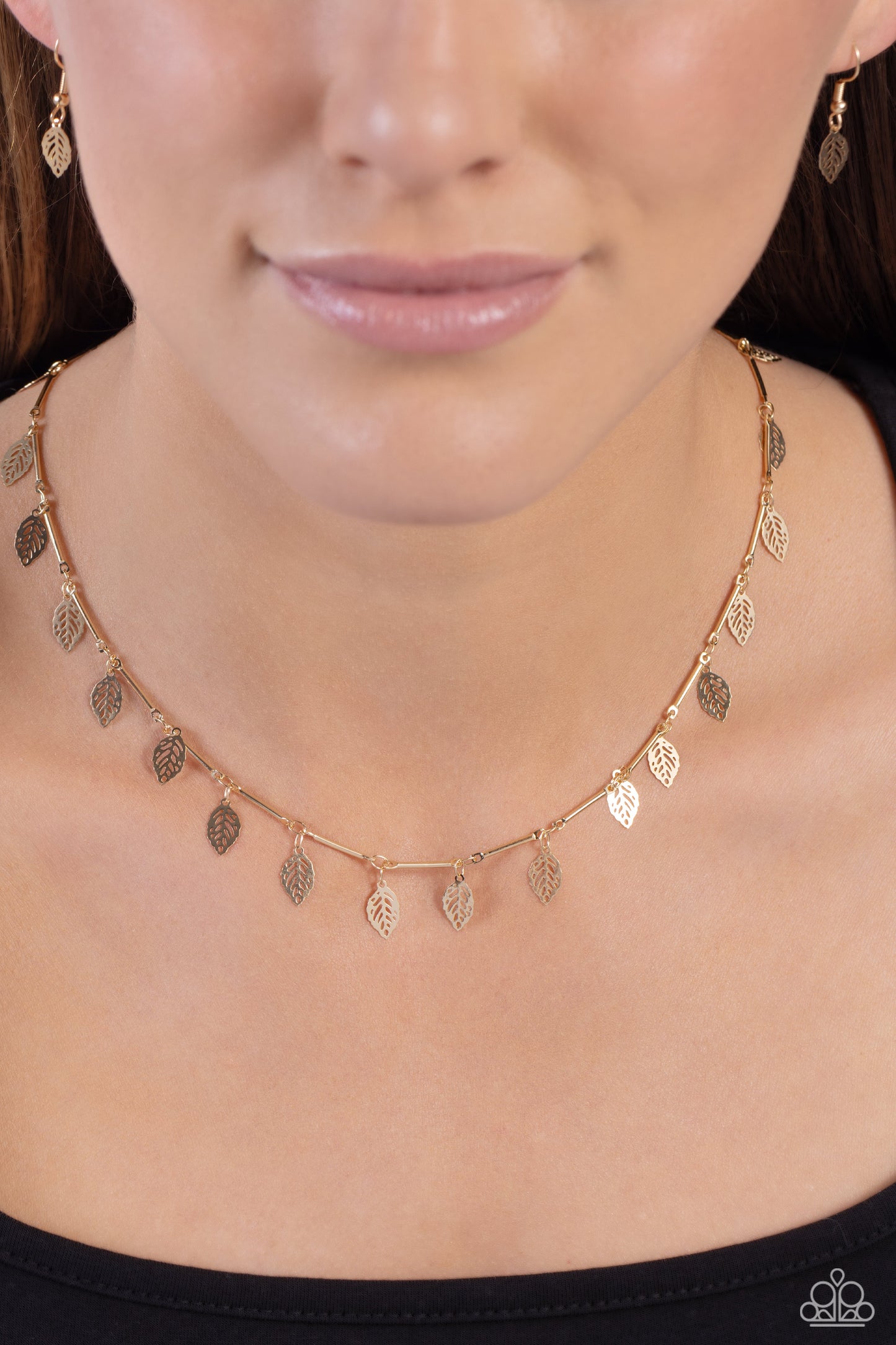 LEAF a Light On - Gold Leaves/Gold Bars Paparazzi Necklace & matching earrings