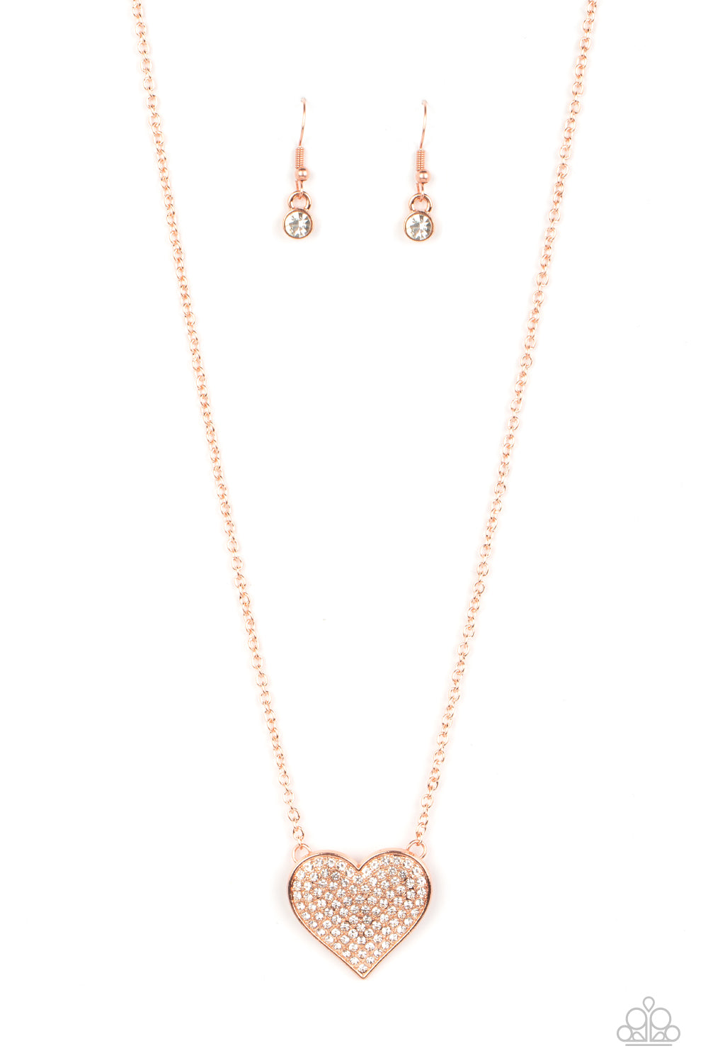 Spellbinding Sweetheart - Copper & White Rhinestone Heart Pendant Paparazzi Necklace & matching earrings