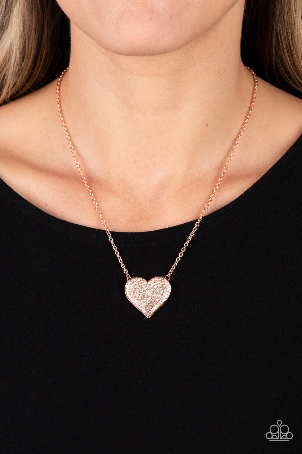 Spellbinding Sweetheart - Copper & White Rhinestone Heart Pendant Paparazzi Necklace & matching earrings