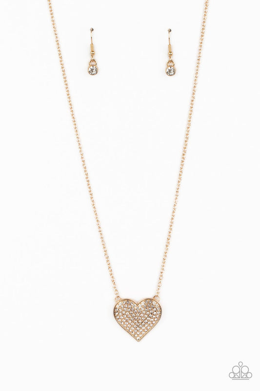 Spellbinding Sweetheart - Gold & White Rhinestone Heart Pendant Paparazzi Necklace & matching earrings
