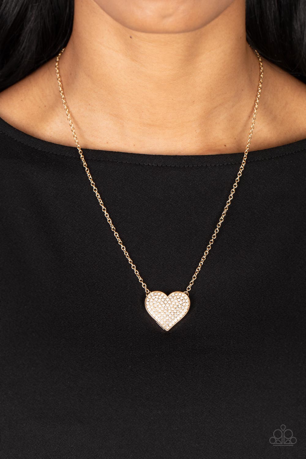 Spellbinding Sweetheart - Gold & White Rhinestone Heart Pendant Paparazzi Necklace & matching earrings