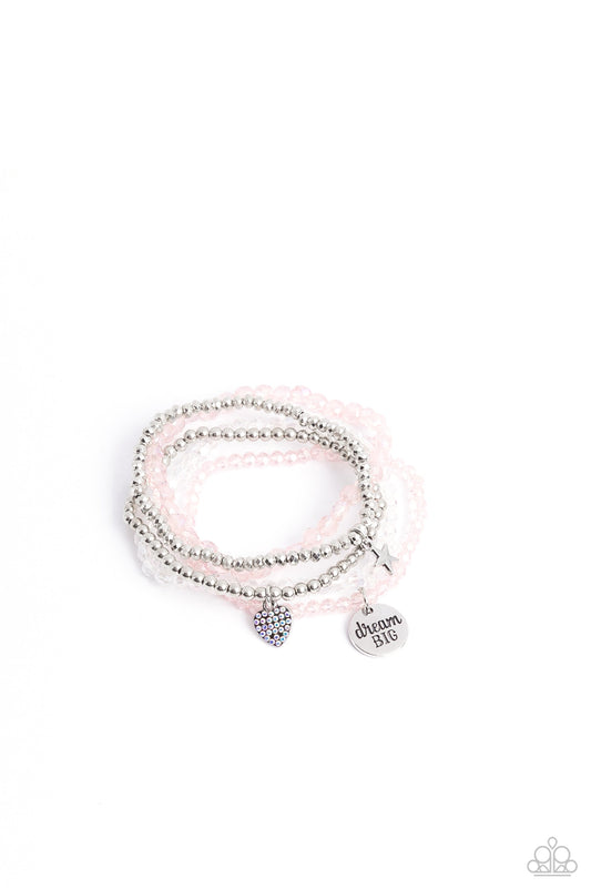 Teenage DREAMER - Pink, Silver, & White Beads, "Dream Big" Charm, Star Charm, & Heart Charm Paparazzi Stretch Bracelet