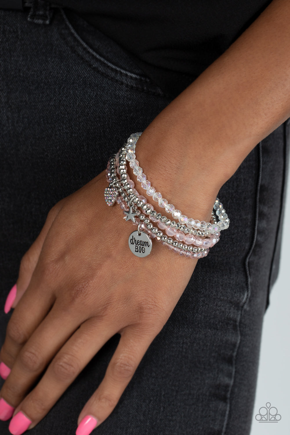 Teenage DREAMER - Pink, Silver, & White Beads, "Dream Big" Charm, Star Charm, & Heart Charm Paparazzi Stretch Bracelet