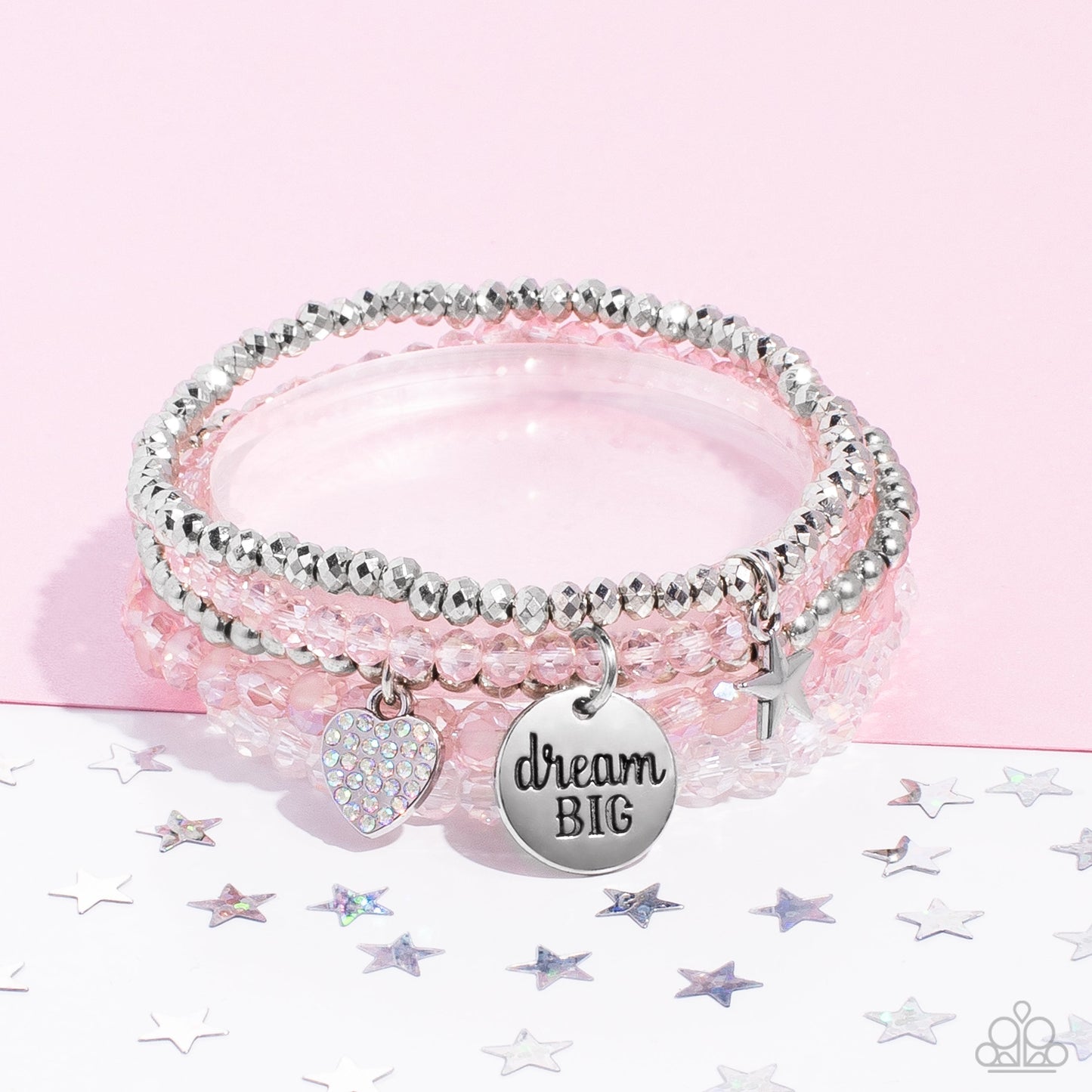 Teenage DREAMER - Pink, Silver, & White Beads, "Dream Big" Charm, Star Charm, & Heart Charm Paparazzi Stretch Bracelet