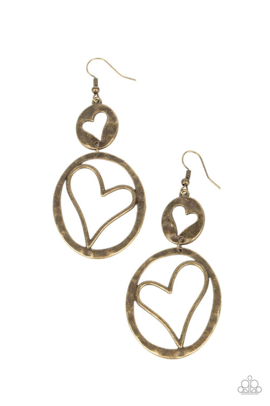 Enchanting Echo - Brass Antiqued Interconnected Heart Paparazzi Earrings
