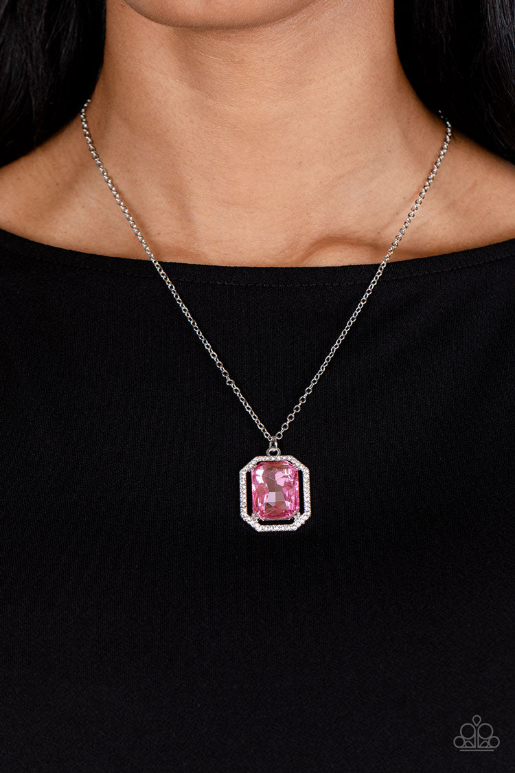 Galloping Gala - Pink Oversized Gem/Dainty White Rhinestone Pendant Paparazzi Necklace & matching earrings