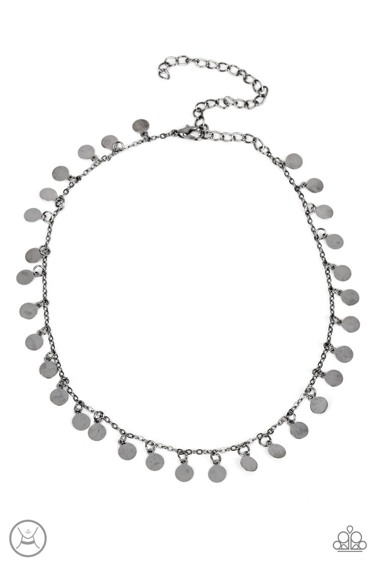 Champagne Catwalk - Gunmetal Discs/Gunmetal Chain Paparazzi Choker Necklace & matching earrings