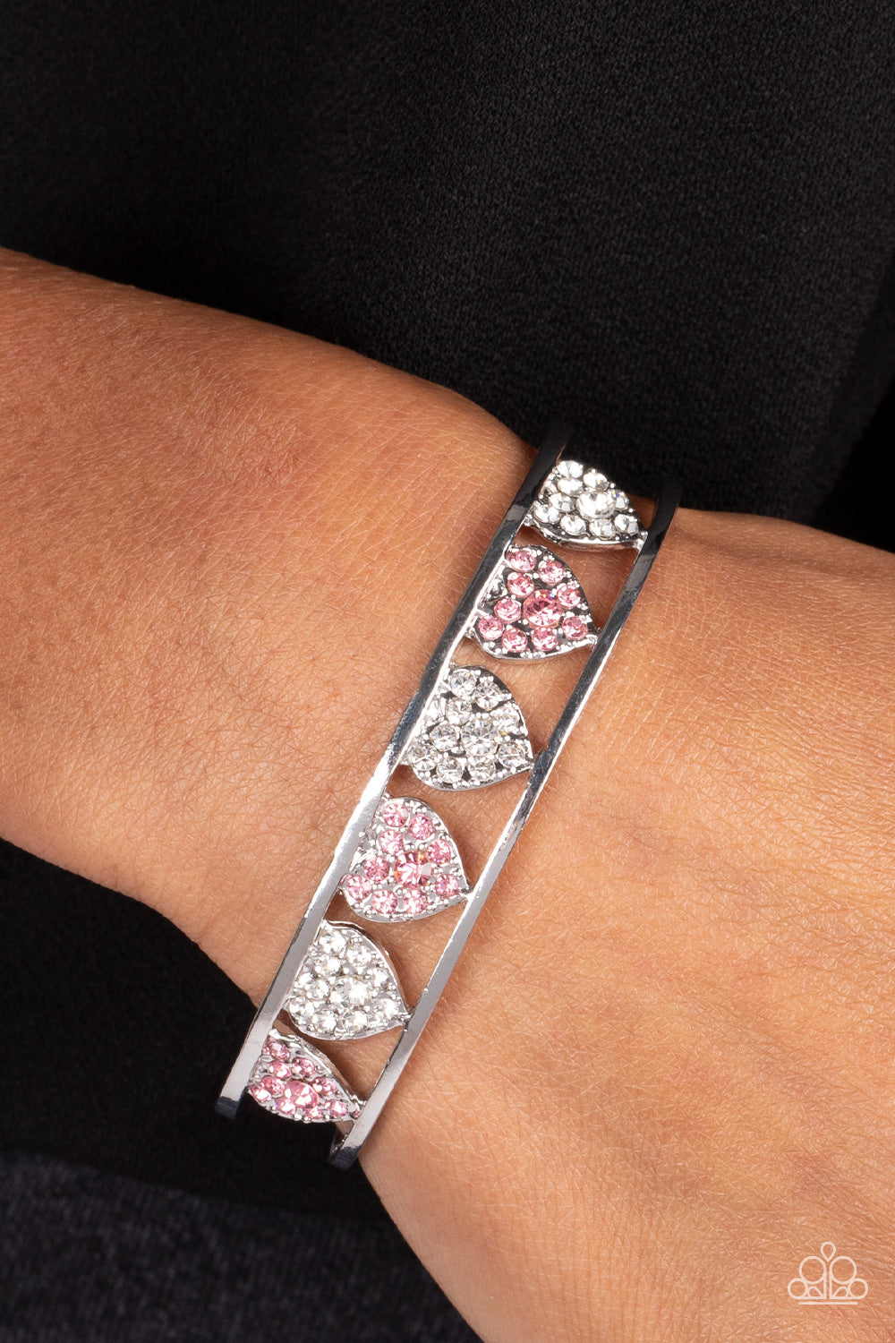 Decadent Devotion - Pink & White Rhinestone Heart Paparazzi Cuff Bracelet