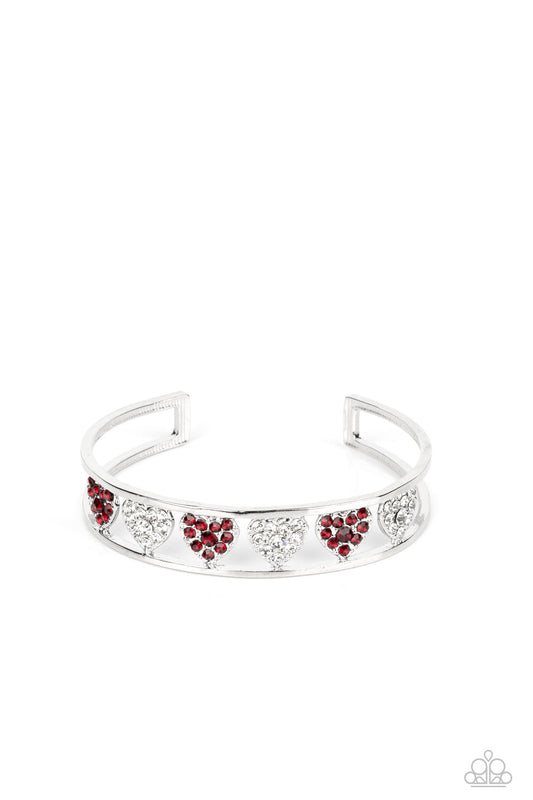 Decadent Devotion - Red & White Rhinestone Heart Paparazzi Cuff Bracelet