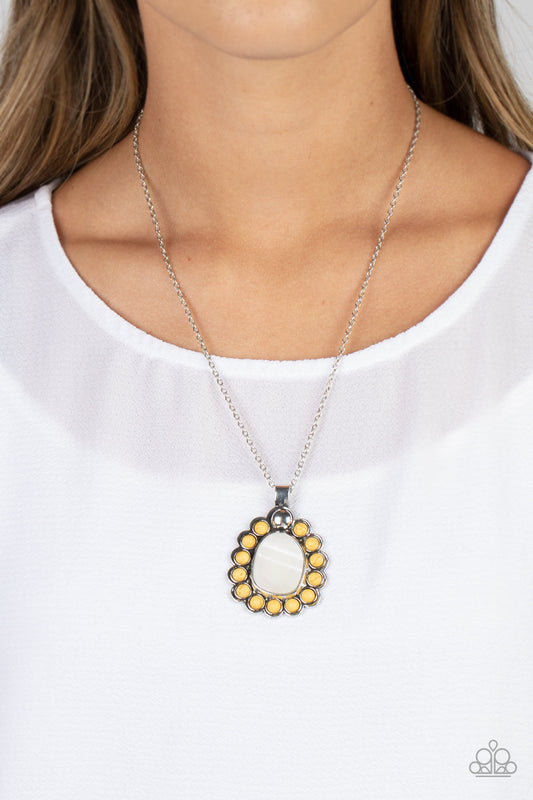Sahara Sea - Yellow Stone/White Asymmetrical Shell Pendant Paparazzi Necklace & matching earrings