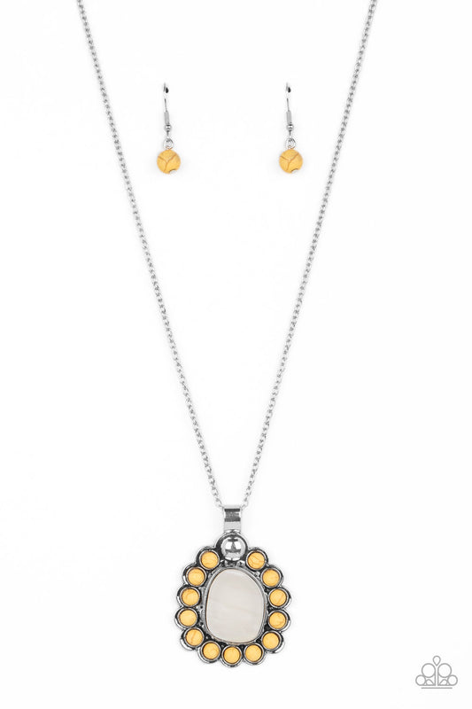 Sahara Sea - Yellow Stone/White Asymmetrical Shell Pendant Paparazzi Necklace & matching earrings