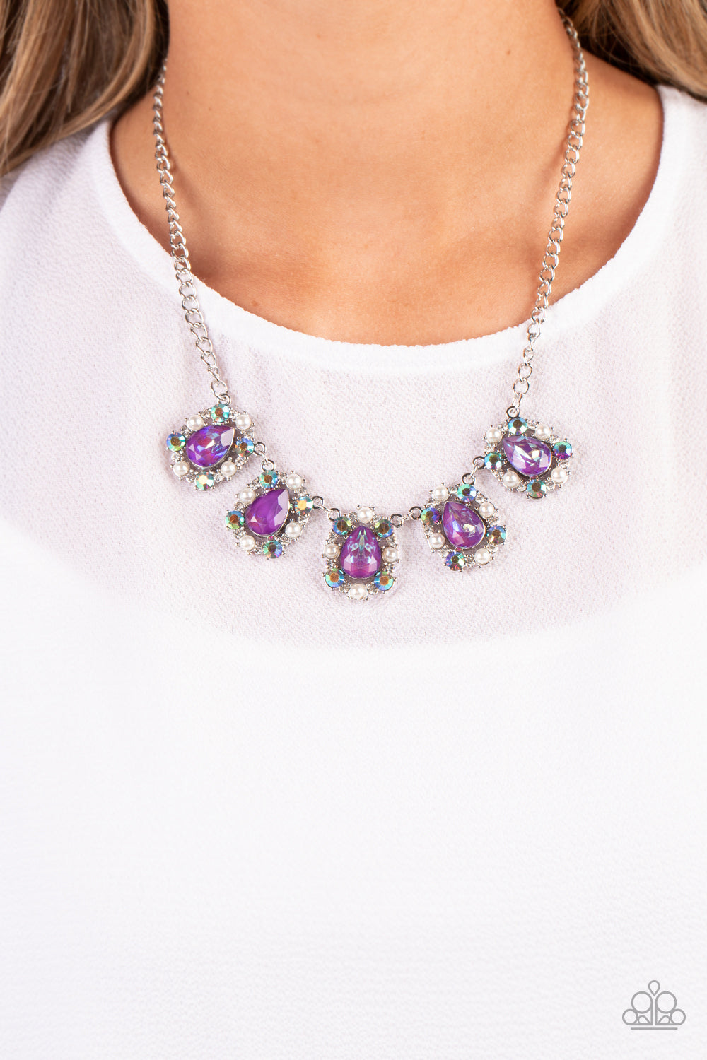 Pearly Pond - Purple Gems, White Pearls, & Color-Changing Crystal-Like Gem Paparazzi Necklace & matching earrings