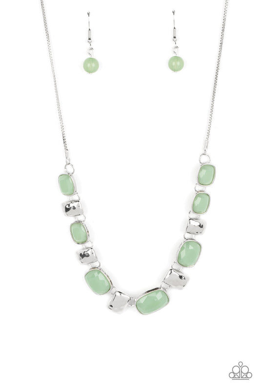 Polished Parade - Green Vibrant Beads/Hammered Rectangular Plates Paparazzi Necklace & matching earrings