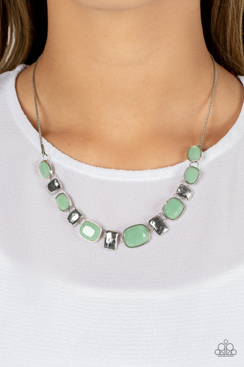 Polished Parade - Green Vibrant Beads/Hammered Rectangular Plates Paparazzi Necklace & matching earrings