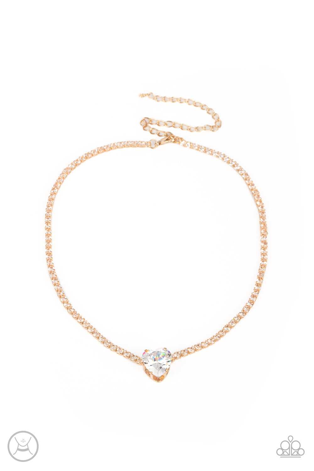 Flirty Fiancé - Gold Fittings & Oversized White Heart Gem Paparazzi Necklace & matching earrings
