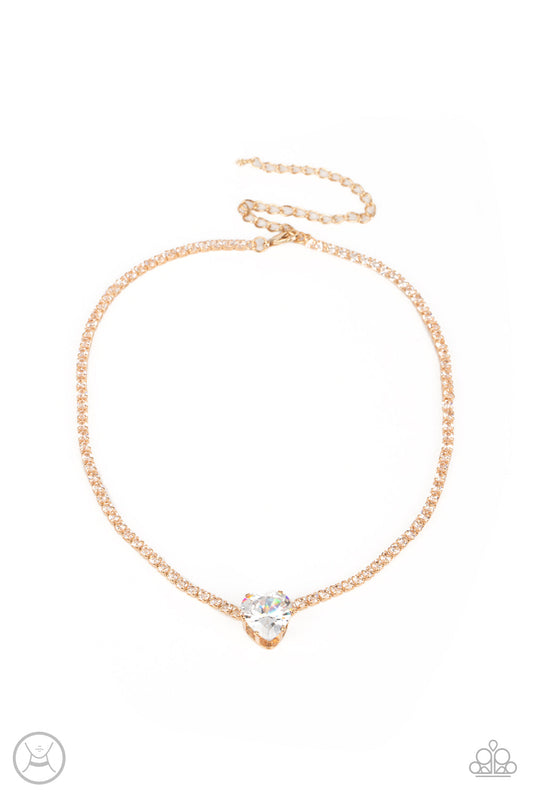 Flirty Fiancé - Gold Fittings & Oversized White Heart Gem Paparazzi Necklace & matching earrings