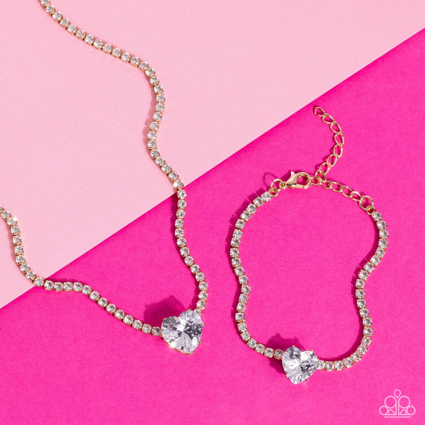 Flirty Fiancé - Gold Fittings & Oversized White Heart Gem Paparazzi Necklace & matching earrings