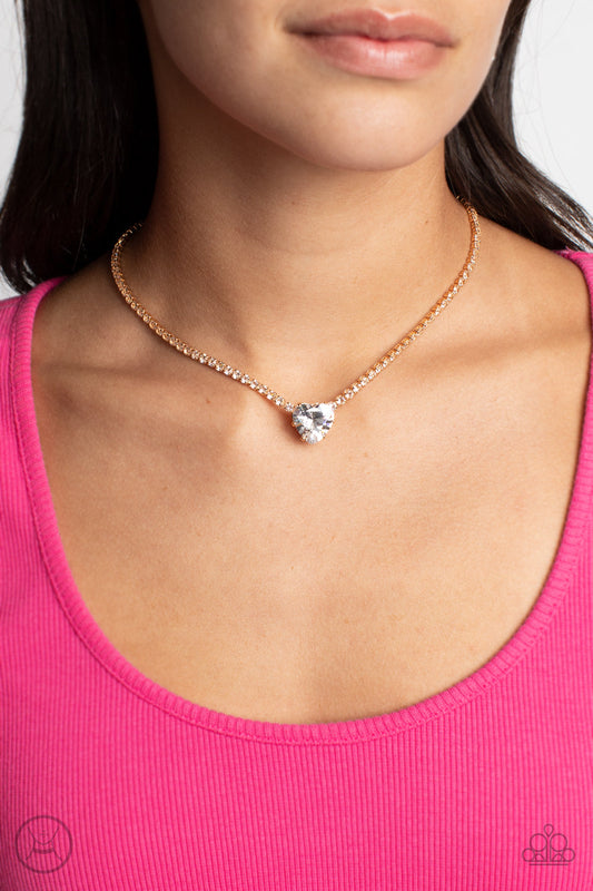 Flirty Fiancé - Gold Fittings & Oversized White Heart Gem Paparazzi Necklace & matching earrings