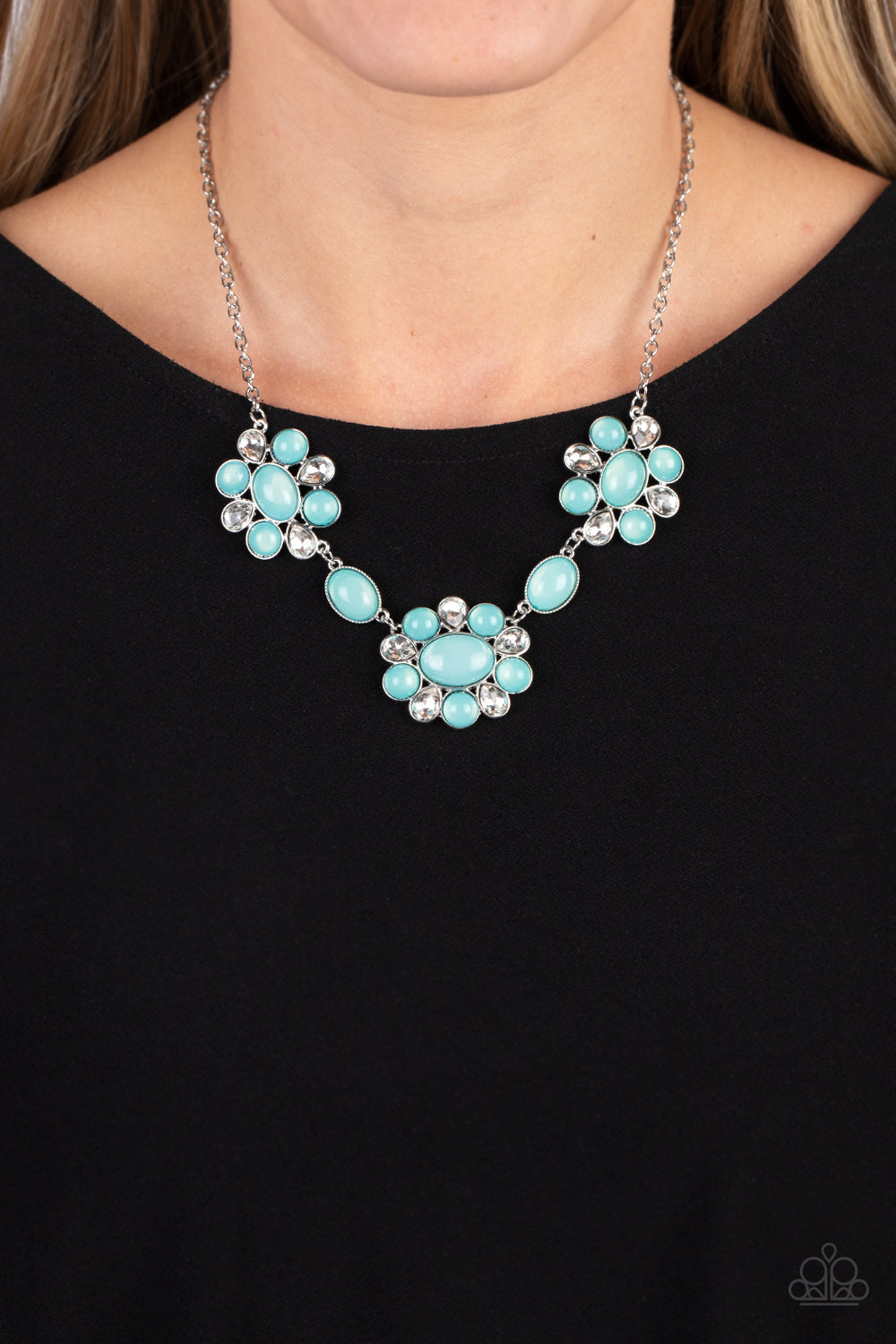 Your Chariot Awaits - Blue Opalescent Beads & White Rhinestone Floral Inspired Paparazzi Necklace