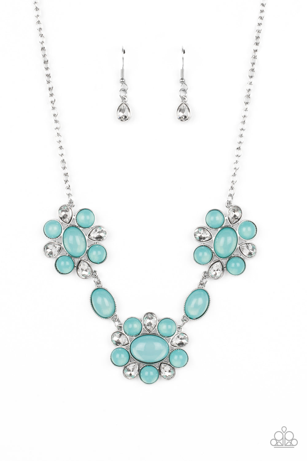 Your Chariot Awaits - Blue Opalescent Beads & White Rhinestone Floral Inspired Paparazzi Necklace