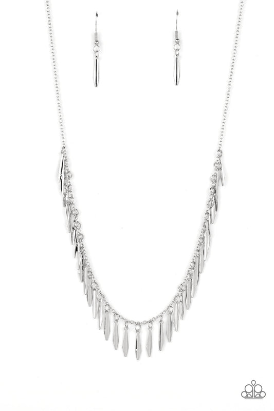 Striking Sheen - Silver Curved Bar Fringe Paparazzi Necklace & matching earrings