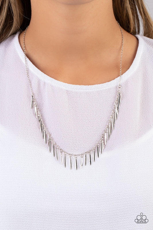 Striking Sheen - Silver Curved Bar Fringe Paparazzi Necklace & matching earrings