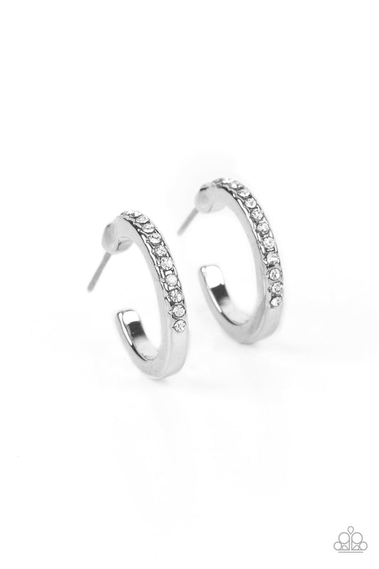 Audaciously Angelic - White Dainty Rhinestone Encrusted Paparazzi Mini Hoop Earrings