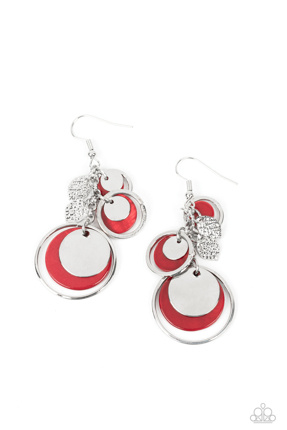 Saved by the SHELL - Red Shell-Like Discs & Silver Rings Paparazzi Earrings