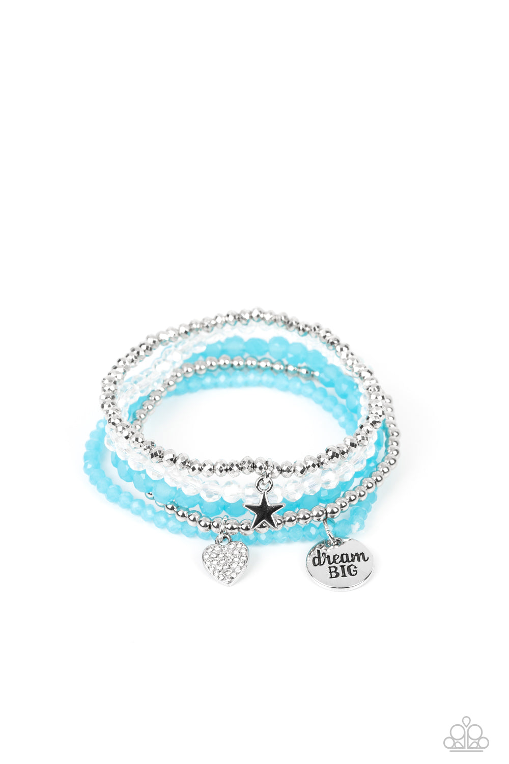 Teenage DREAMER - Blue, Silver, & White Beads, "Dream Big" Charm, Star Charm, & Heart Charm Paparazzi Stretch Bracelet