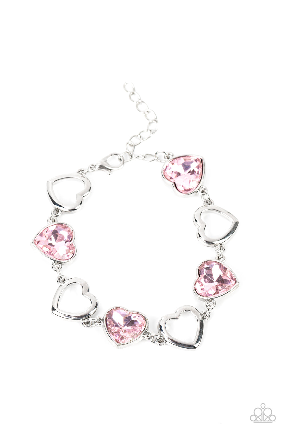 Sentimental Sweethearts - Pink Heart Gem & Silver Airy Heart Paparazzi Adjustable Bracelet