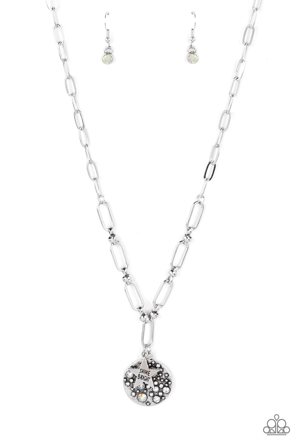 Stardust Saucer - White, Opalescent, Iridescent Rhinestone Pendant Paparazzi Necklace & matching earrings