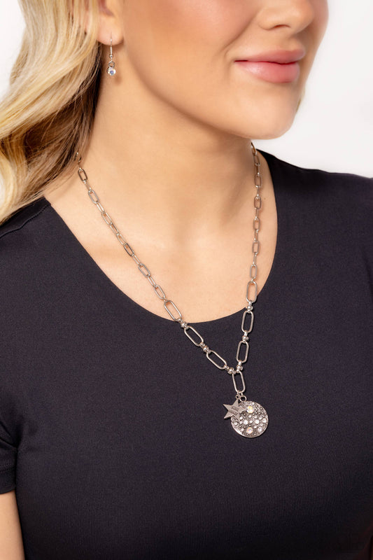 Stardust Saucer - White, Opalescent, Iridescent Rhinestone Pendant Paparazzi Necklace & matching earrings