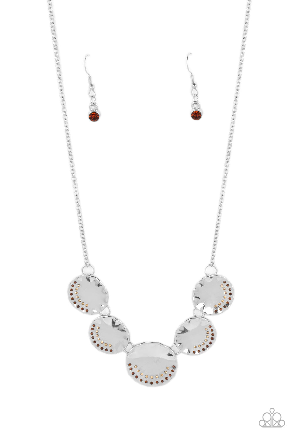 Swanky Shimmer - Brown Dainty Rhinestones/Scalloped Silver Discs Paparazzi Necklace & matching earrings