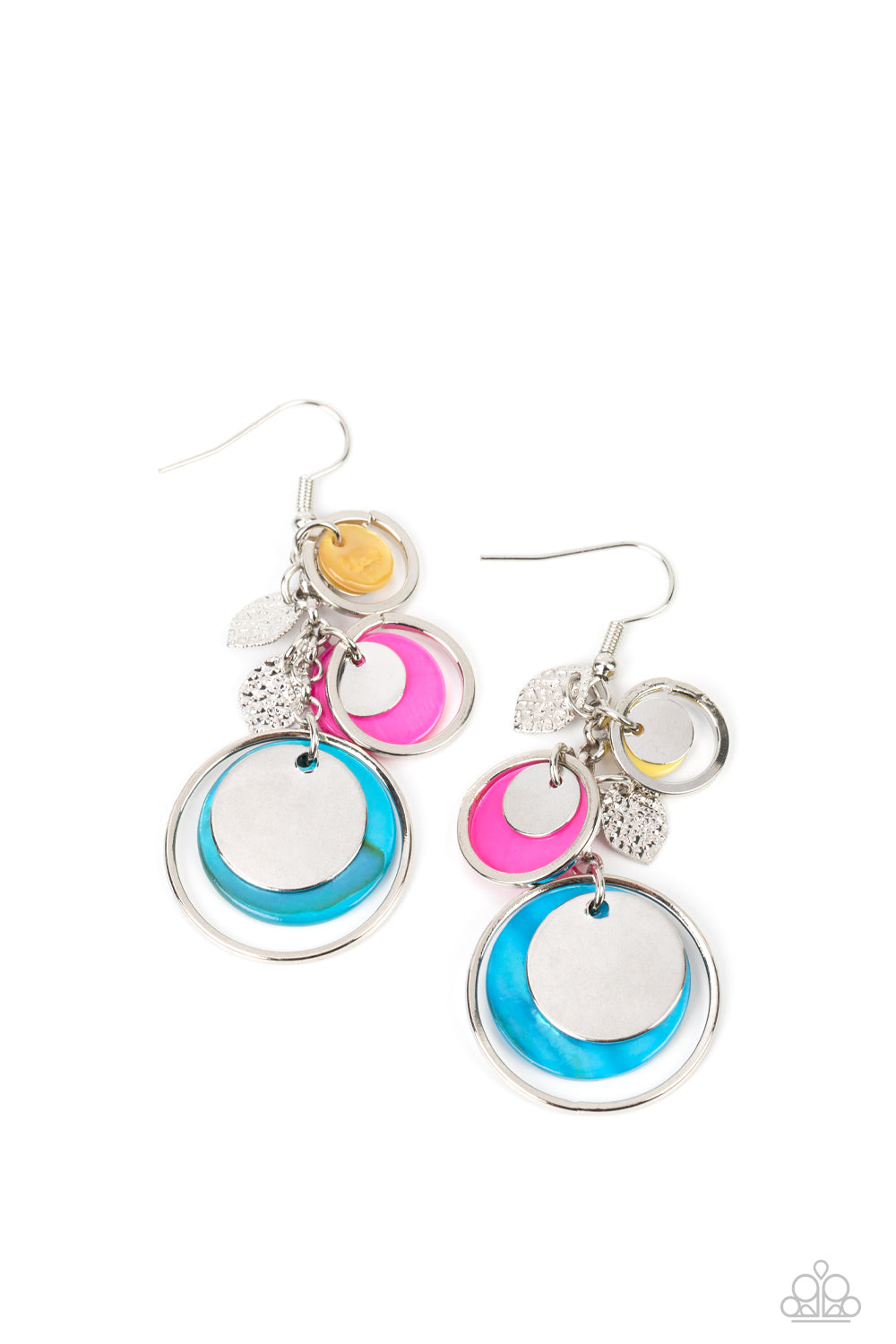 Saved by the SHELL - Multi Shell-Like Discs, Silver Leaf Charms, & Silver Rings Paparazzi Earrings