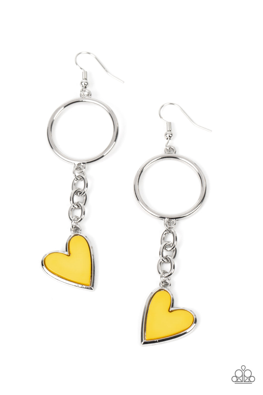 Don’t Miss a HEARTBEAT - Yellow Heart Charm & Silver Chain Paparazzi Earrings