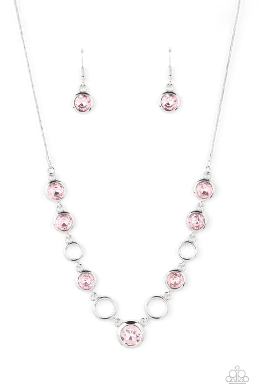 Elegantly Elite - Pink Round Rhinestone Paparazzi Necklace & matching earrings