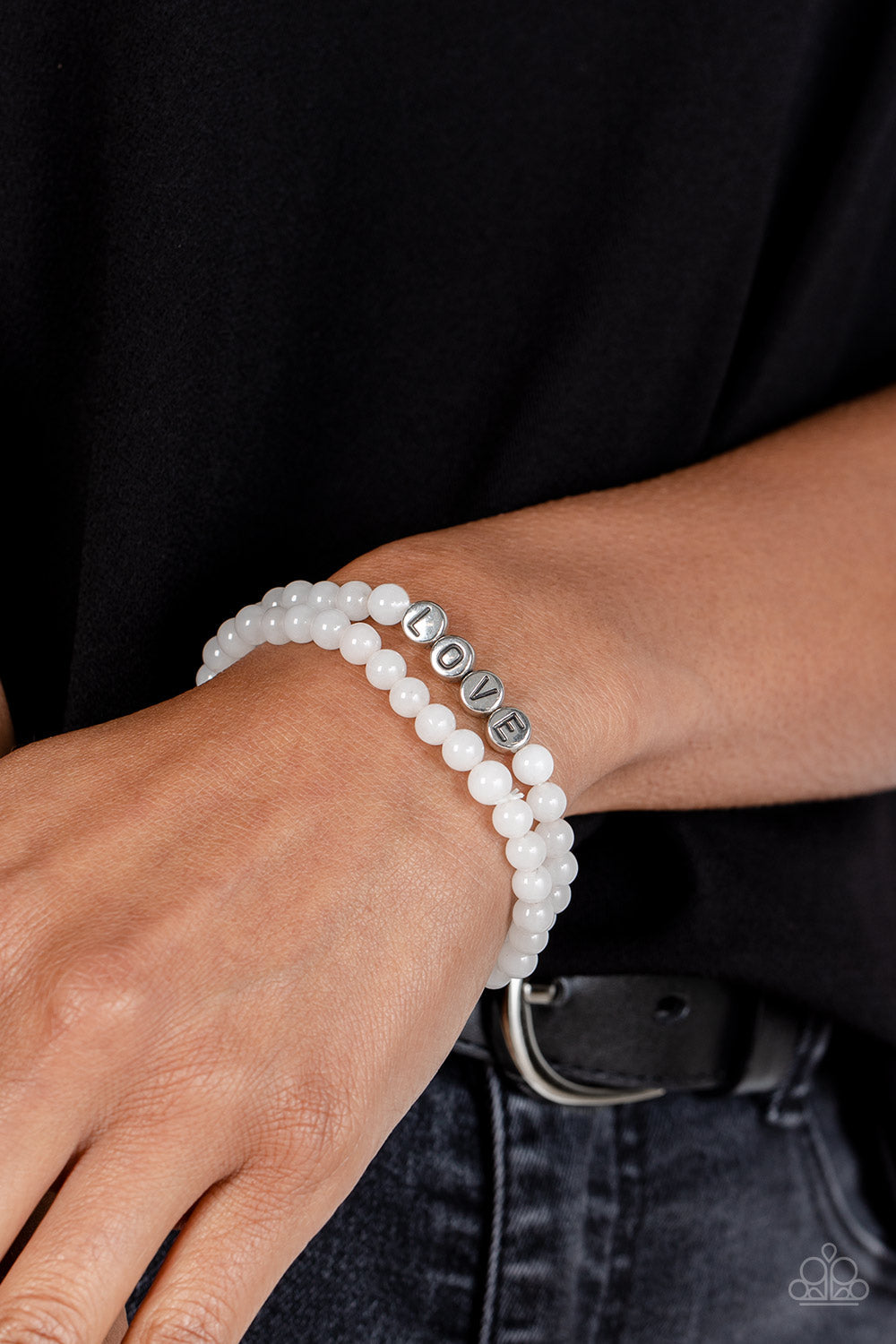 Devoted Dreamer - White Cloudy Beads & Silver Stamped "LOVE" Paparazzi Stretch Bracelet