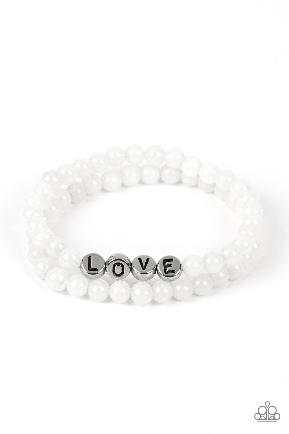 Devoted Dreamer - White Cloudy Beads & Silver Stamped "LOVE" Paparazzi Stretch Bracelet