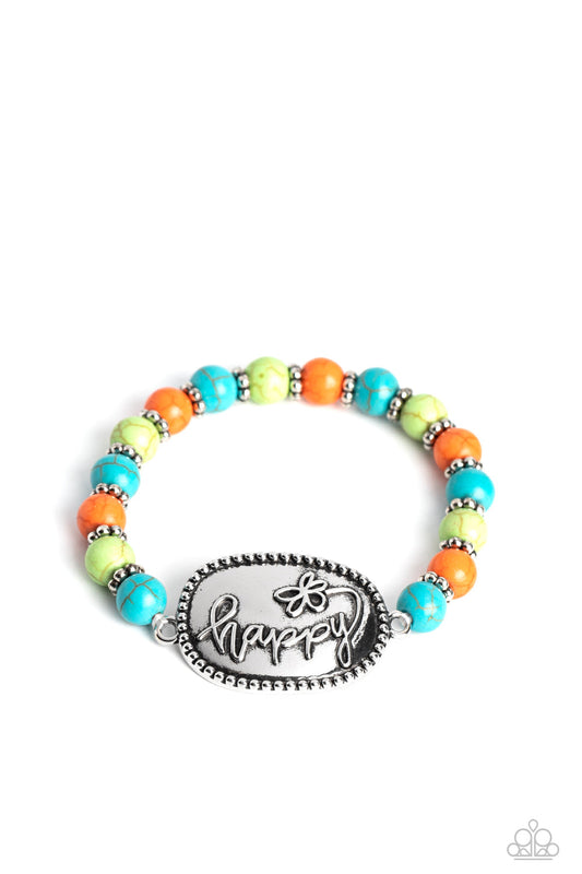 Lively Landscape - Multi Stone Beads & "Happy" Silver Asymmetrical Plate Paparazzi Stretch Bracelet