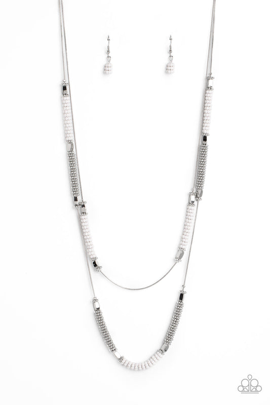 Caviar Chic - White/Silver Studded Beads, Silver Snake Chains Paparazzi Necklace & matching earrings