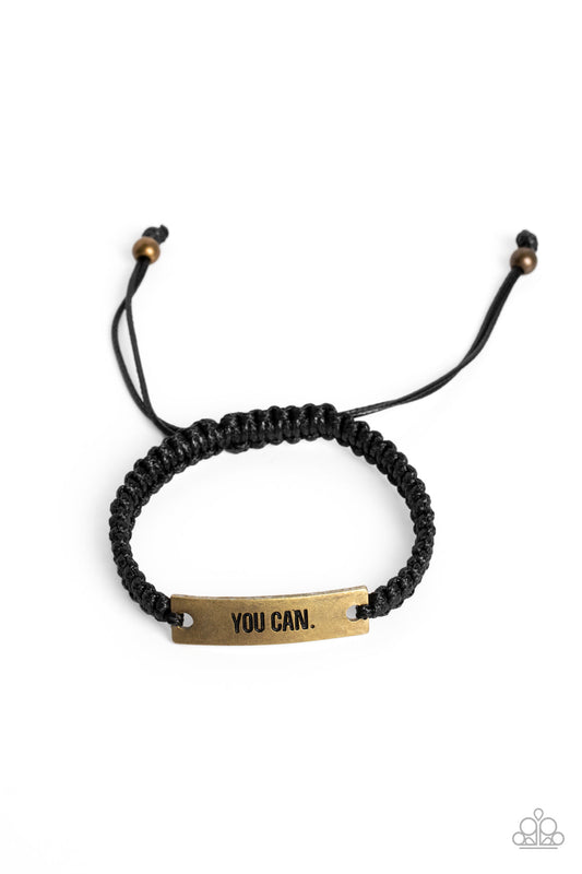 Beyond Belief - Brass "You Can" Plate & Woven Black Cording Paparazzi Urban Bracelet