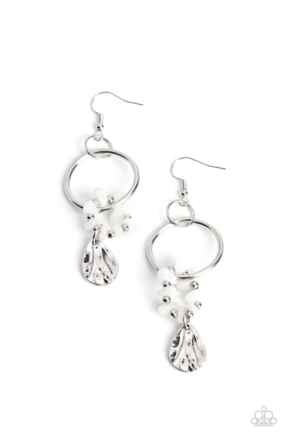 Fossil Flair - White Stones, Silver Hammered Teardrop, & Silver Loop Paparazzi Earrings
