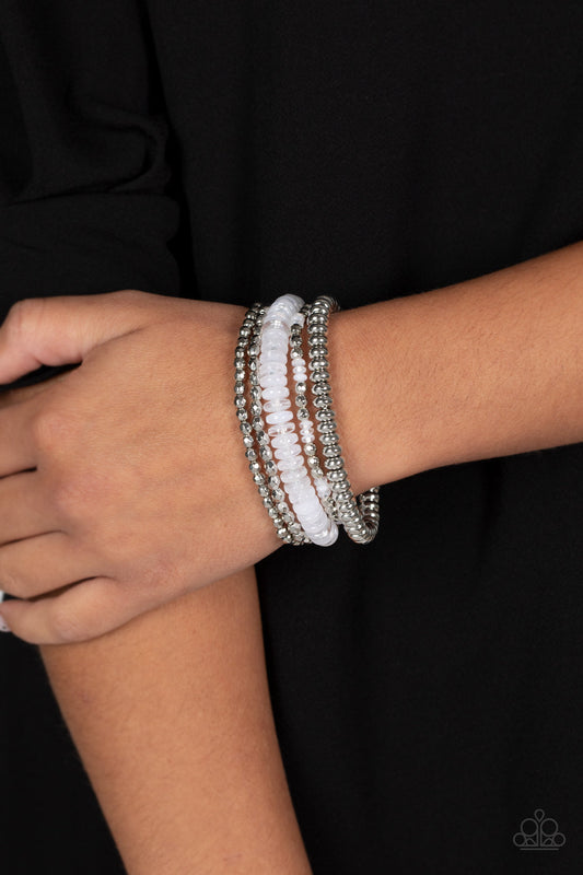 Pristine Pixie Dust - White & Silver Beaded Set of 5 Paparazzi Stretch Bracelets