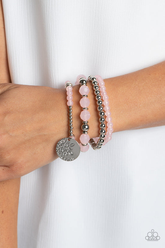 Surfer Style - Pink Opaque, Silver, & Clear Beaded "Faith" Set of 4 Paparazzi Stretch Bracelets