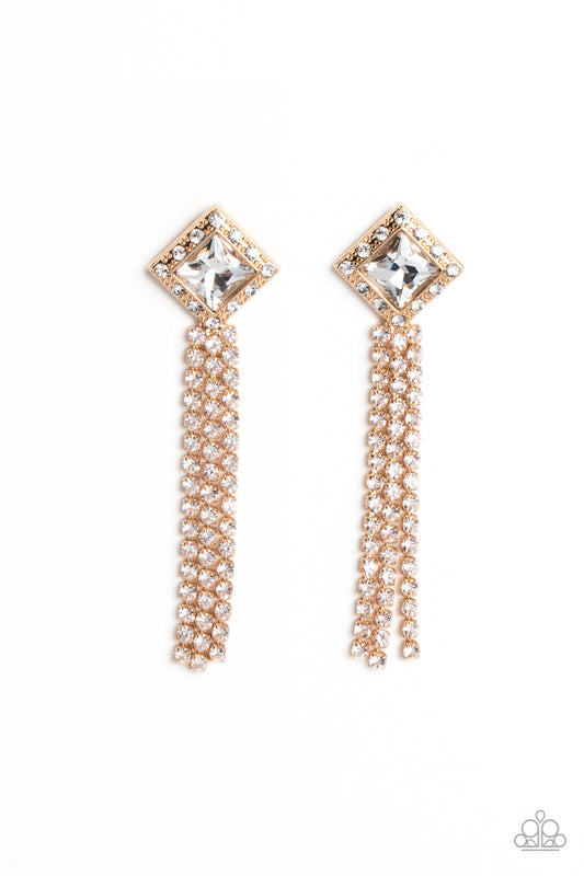 Seasonal Sparkle - Gold Frames & White Rhinestone Tassel Paparazzi Earrings